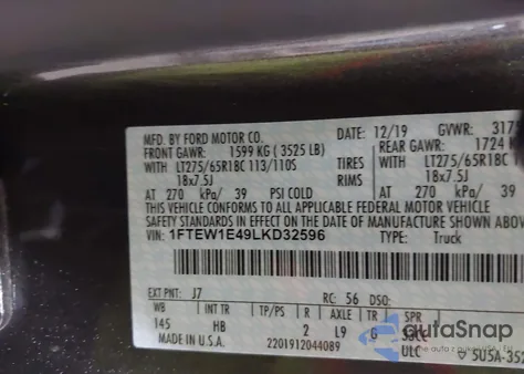 2020 Ford F-150 Lariat из США, поврежденный, VIN 1FTEW1E49LKD32596